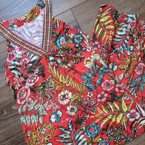 Soft Surroundings Tropical Floral Long Maxi Dress - Orange Yellow Cotton Medium